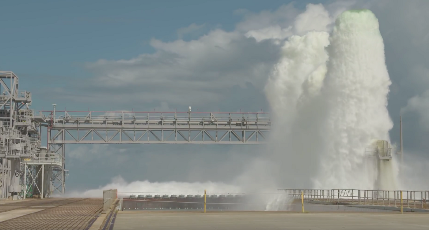 A still frame of NASA's IOP/SS water deluge system during testing.