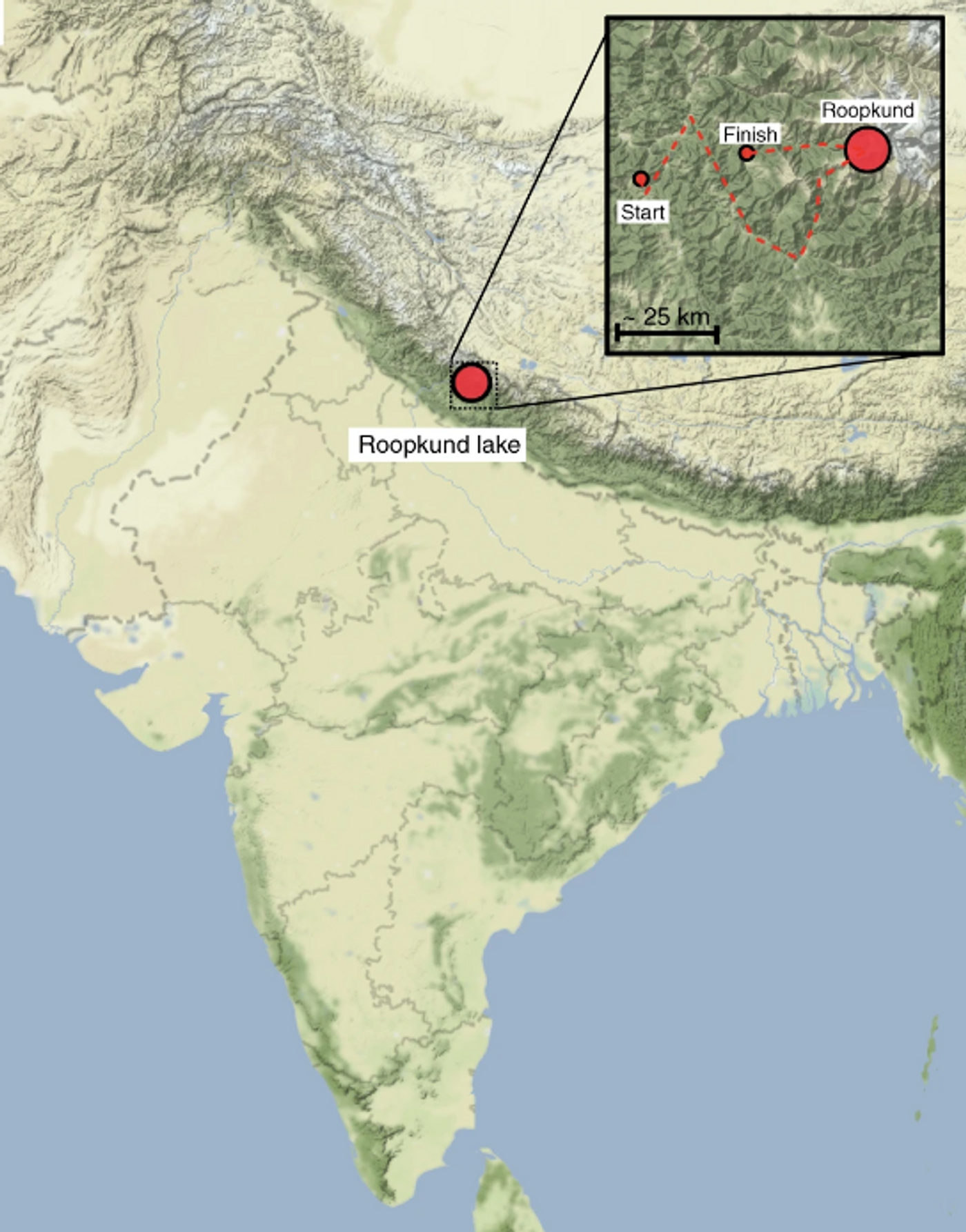 Map showing the location of Roopkund Lake, inset shows approximate pilgrimage route / Credit: Harney et al Nature Communications 2019