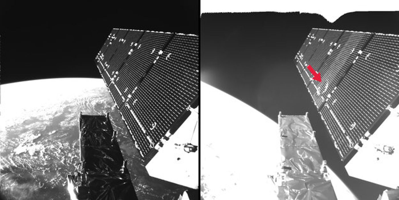 A before and after photo of the space junk impact damage on the ESA's satellite.
