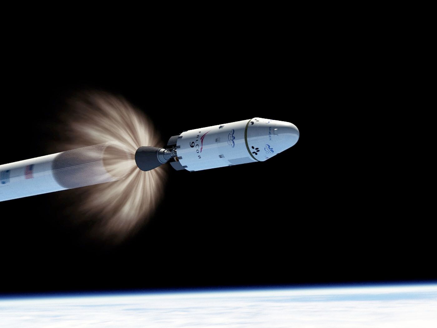 An artist's depiction of the SpaceX Falcon 9's second stage separating from the first stage in space.