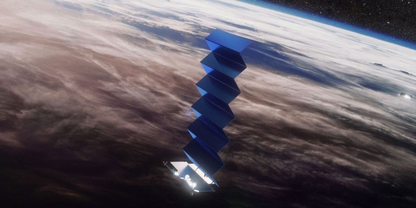 An artist's rendition of a SpaceX Starlink satellite raising its solar panels.