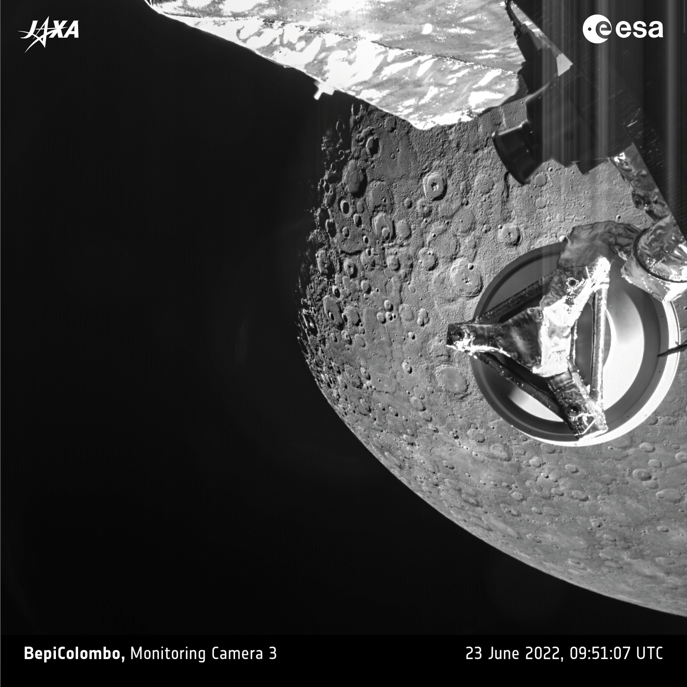 An image of Mercury captured by the ESA/JAXA BepiColombo mission during its second gravity assist. Parts of the spacecraft can also be seen in the top and right side of the image. Credit: ESA