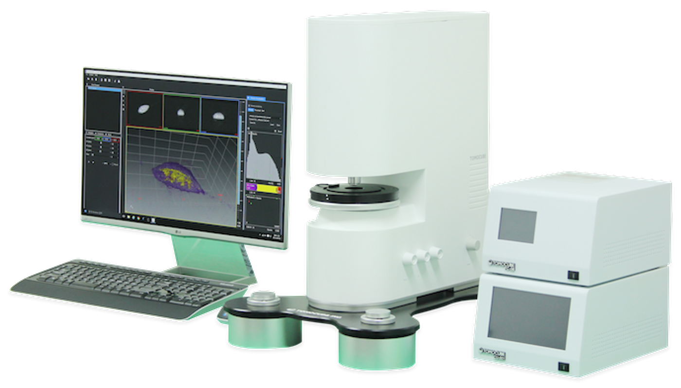  The new Tomocube HT-1 holotomography microscope, shown with its maglev-based antivibration TomoPlate and custom-made controllers for temperature and gas. / Credit: Tomocube