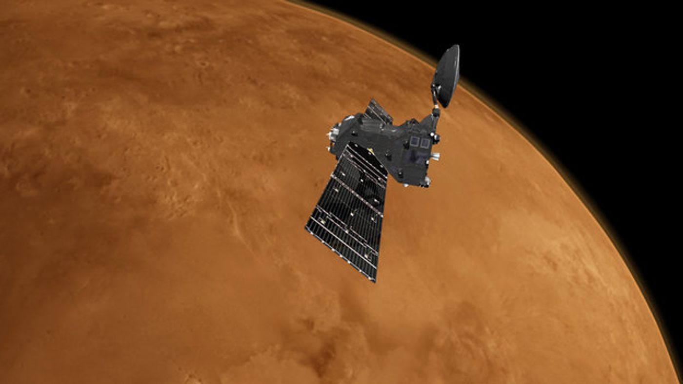 An artist's impression of the ExoMars Trace Gas Orbiter orbiting Mars.