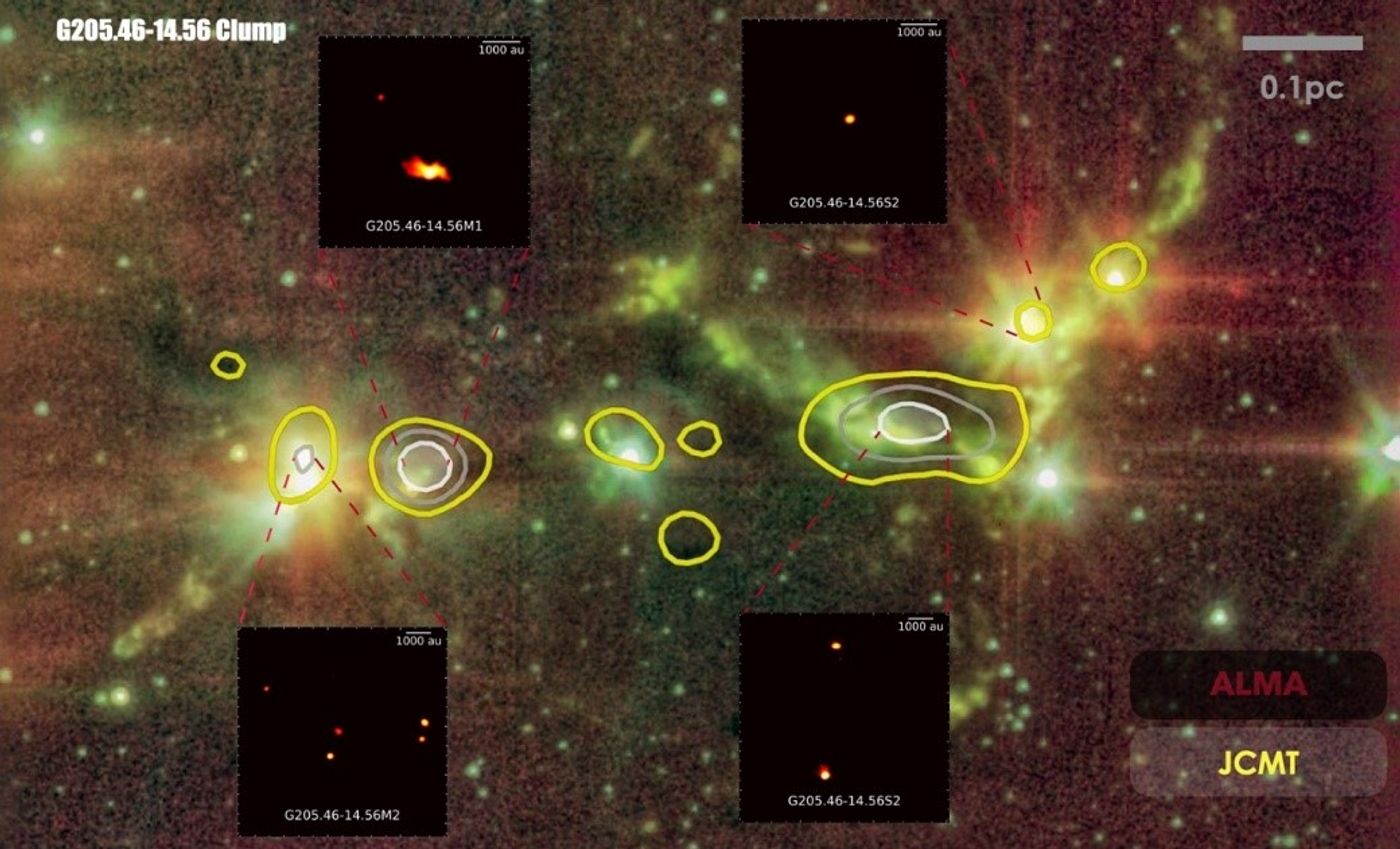 This is an image of G205.46-14.56 clump located in the Orion Molecular Cloud Complex. The yellow contours indicate the dense stellar cores discovered by JCMT, and the zoomed-in images show the 1.3 mm continuum emission discovered by ALMA. Credit: SHAO