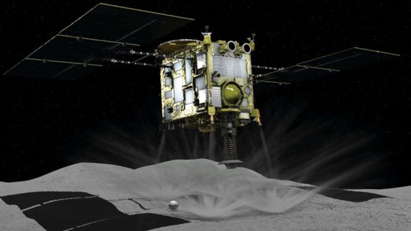 An artist's impression of the Hayabusa-2 spacecraft landing on 162173 Ryugu.