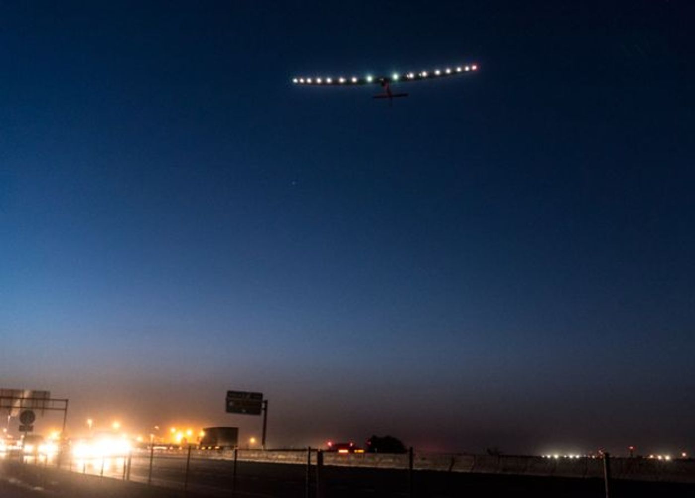 A photo of Solar Impulse 2 taking off from Seville, Spain and heading for Cairo, Egypt.