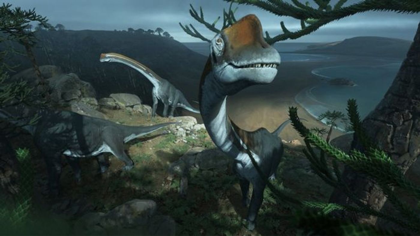 An artist's impression of the new dinosaur species that was discovered by investigating a several-decade-old fossil kept in a museum's storage crates.