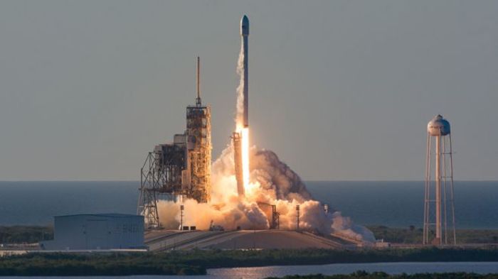 A SpaceX Falcon 9 launches from Kennedy Space Center with an Inmarsat satellite.