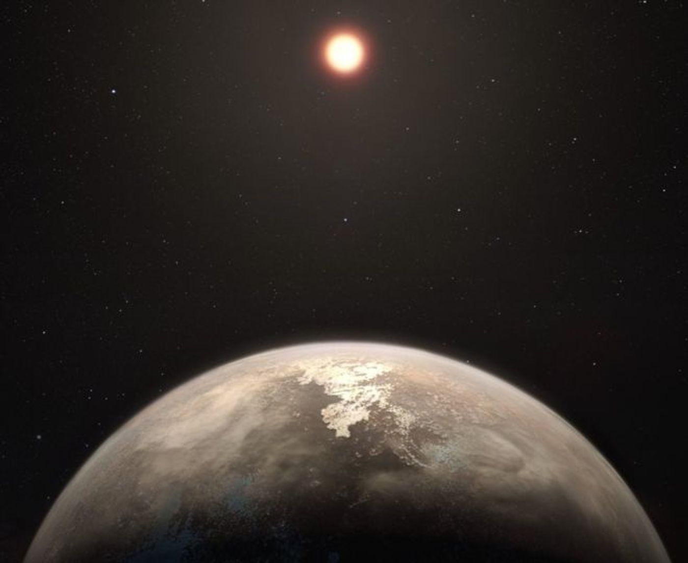 An artist's impression of Ross 128 b and its host star, a red dwarf called Ross 128.