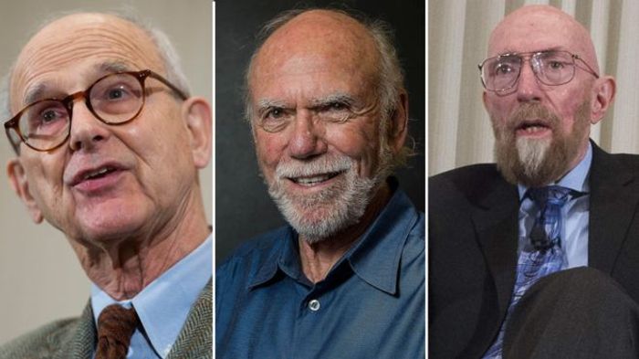 Image depicts all three of the Nobel Physics Prize laureates. Weiss, Barish, and Thorne.