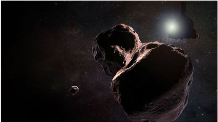 An artist's impression of the KBO 2014 MU69 and its potential moon.