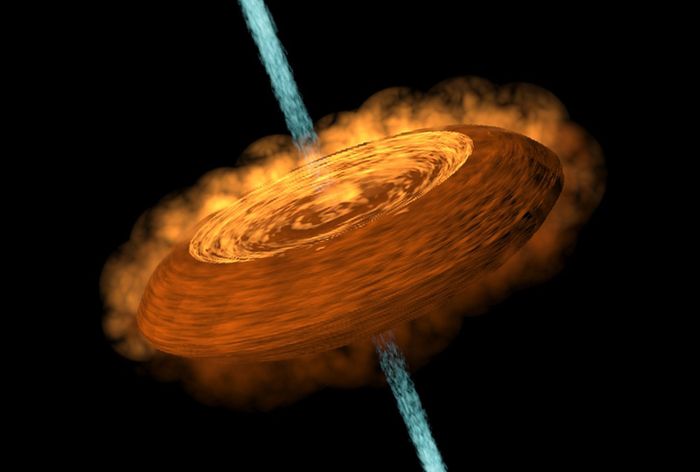 An artist's illustration of the HH212 protostellar disk, which looks a lot like a hamburger.