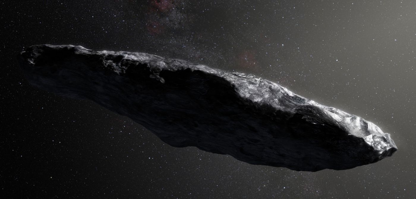 An artist's impression of Oumuamua, the interstellar space rock that took a shortcut through the solar system two months ago.