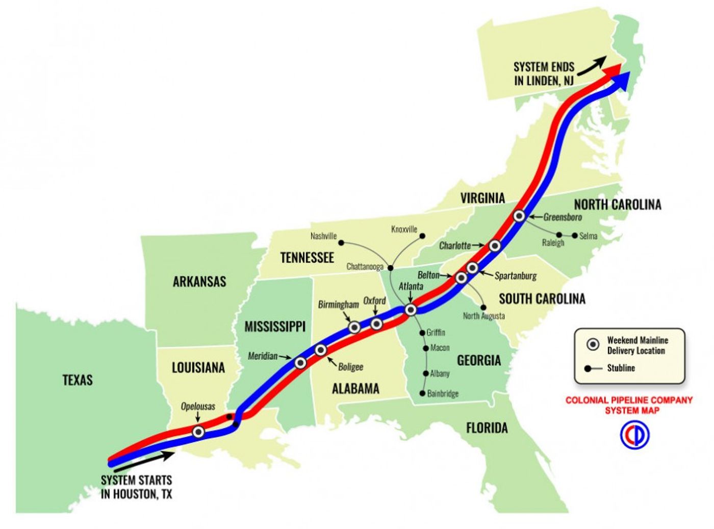 Map of Colonial Pipeline's petroleum pipelines. Photo: Colonial Pipeline