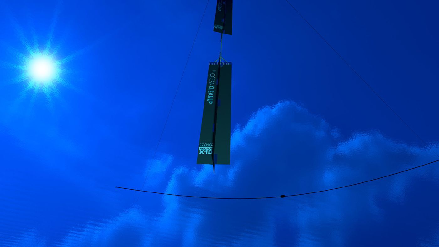 computer rendering of new system with anchor, underwater view, credit: Erwin Zwart, The Ocean Cleanup