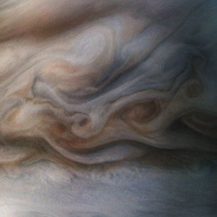 A close-up of Jupiter's mysterious swirling clouds as captured by Juno.