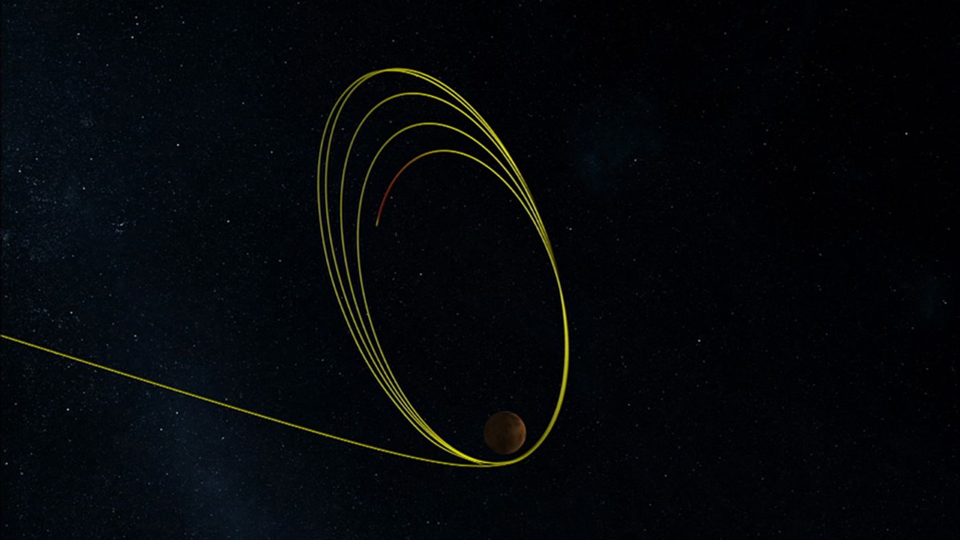 Artist's impression of aerobraking around Mars. Image Credit: NASA