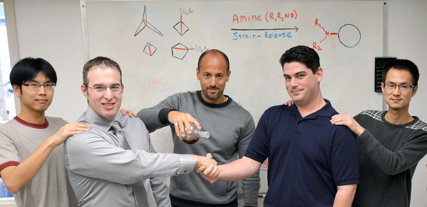 Authors of the new study included (left to right) Chung-Mao Pan, Ryan Gianatassio, Phil Baran, Justin Lopchuk and Jie Wang.