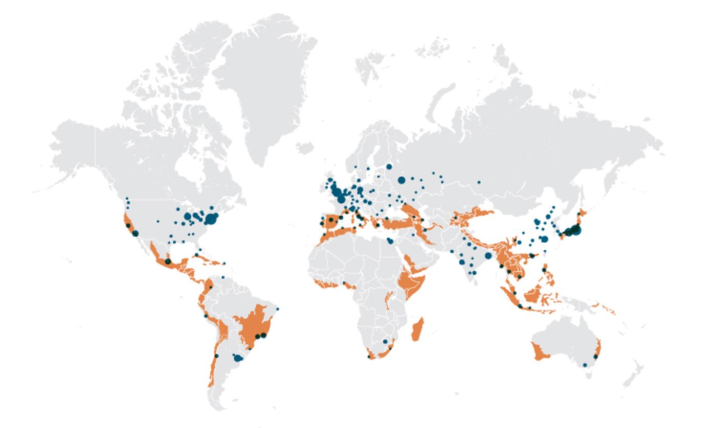 Major cities highlighted in blue, biodiversity hotspots are in orange.