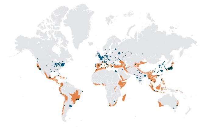 Major cities highlighted in blue, biodiversity hotspots are in orange.