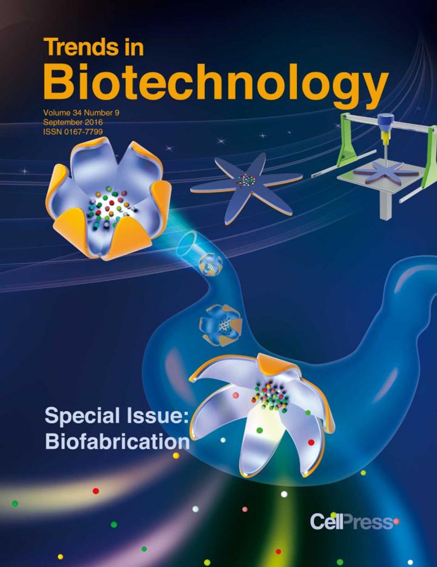 The cover of Trends in Biotechnology's special issue on biofabrication. / Credit: Cover image from Feng Xu and cover design by Matthew Pavlovich.