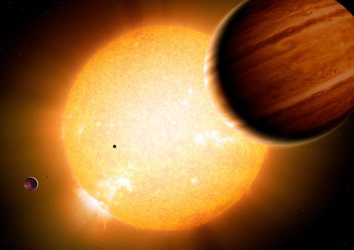 An artist's impression of a warm Jupiter orbiting its host star with companion planets.