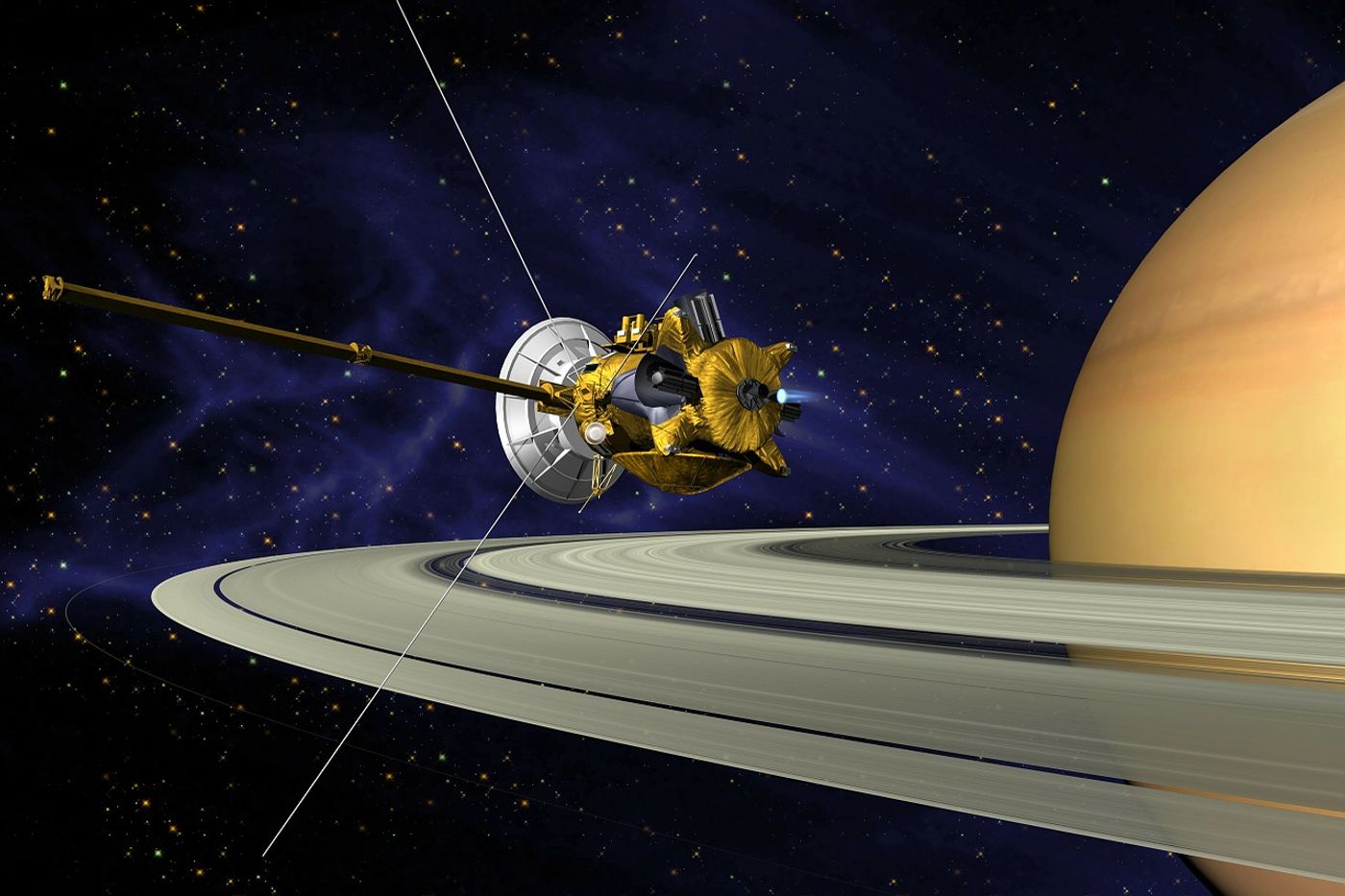 An artist's rendition of the Cassini probe orbiting Saturn.