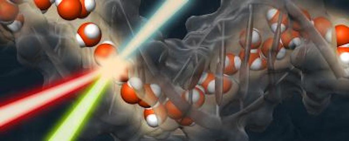 An illustration of what chiral nonlinear spectroscopy reveals: that DNA is surrounded by a chiral water super-structure, forming a 'spine of hydration.' / Credit: Poul Petersen, Cornell University