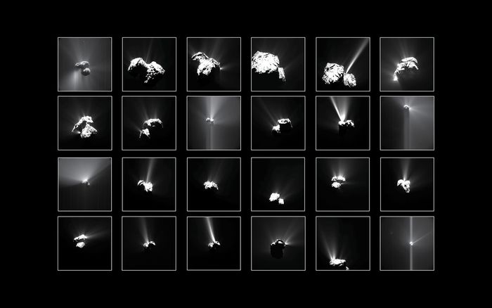 Compilation of the brightest outbursts seen at Comet 67P/Churyumov-Gerasimenko. Credit: OSIRIS: ESA/Rosetta/MPS for OSIRIS Team MPS/UPD/LAM/IAA/SSO/INTA/UPM/DASP/IDA; NavCam: ESA/Rosetta/NavCam - CC BY-SA IGO 3.0