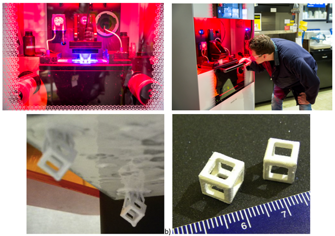 Upper: Fuel Development scientist Dr. Andrew Bergeron working on a stereolithography-based 3D-printer; Lower: the printed parts (Image Credit: CNL)