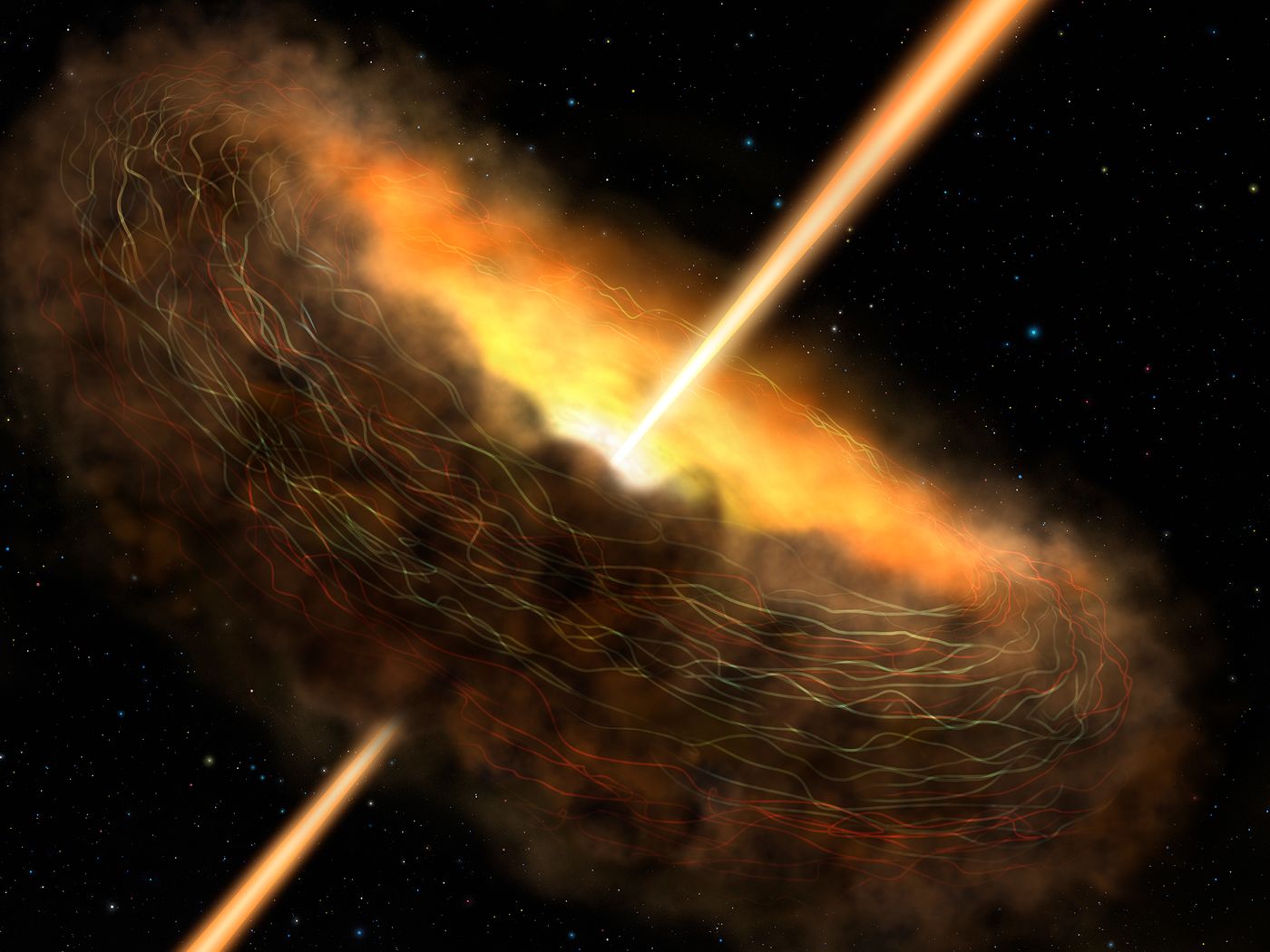 An artist's impression of a magnetic field collecting dust particulates around a supermassive black hole.