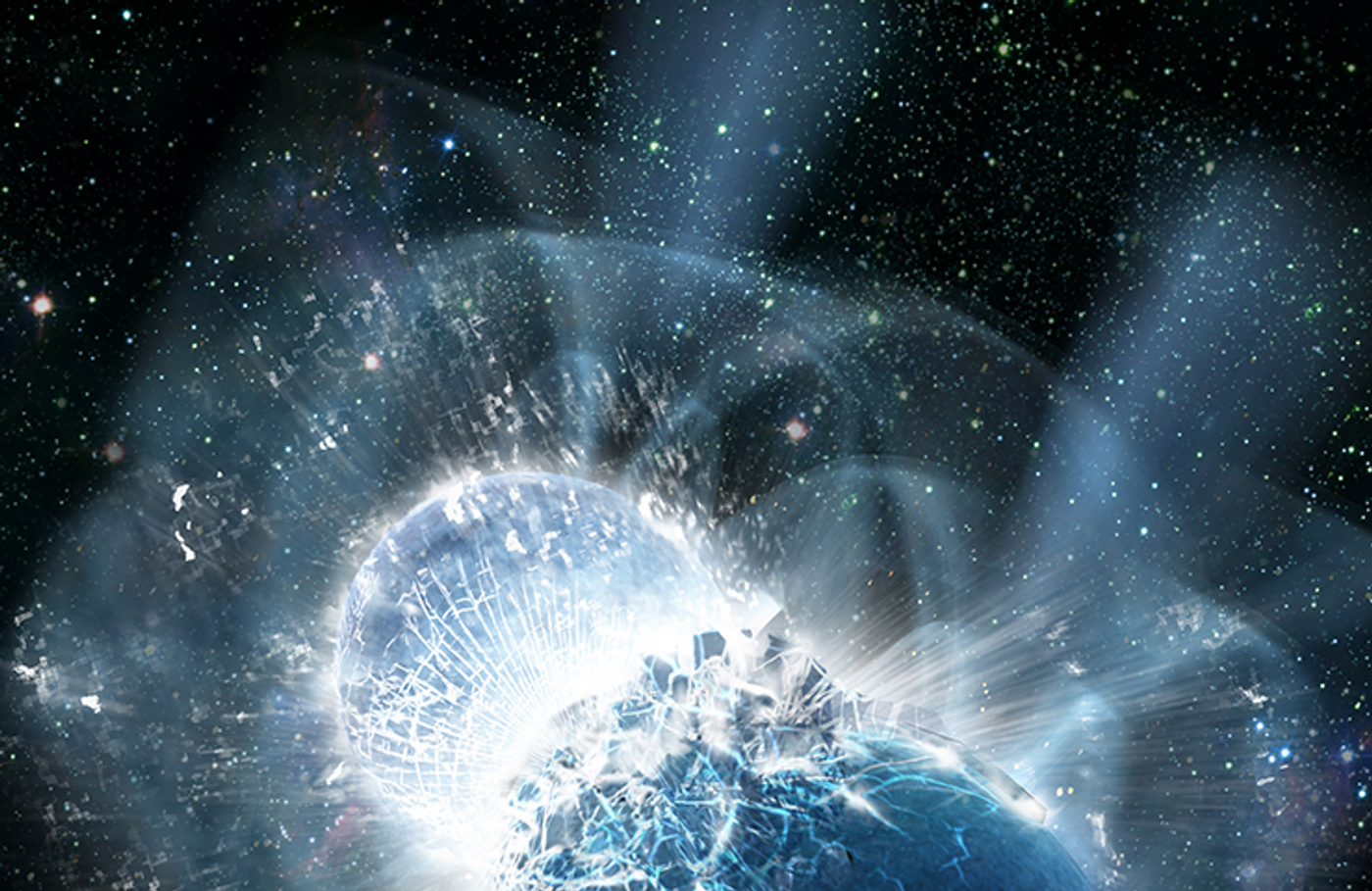 An artist's impression of two neutron stars colliding.