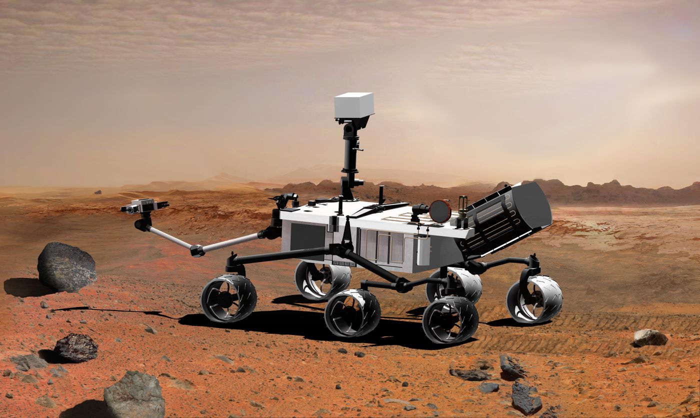 An artist's rendition of NASA's Curiosity Rover trekking Mars' surface.