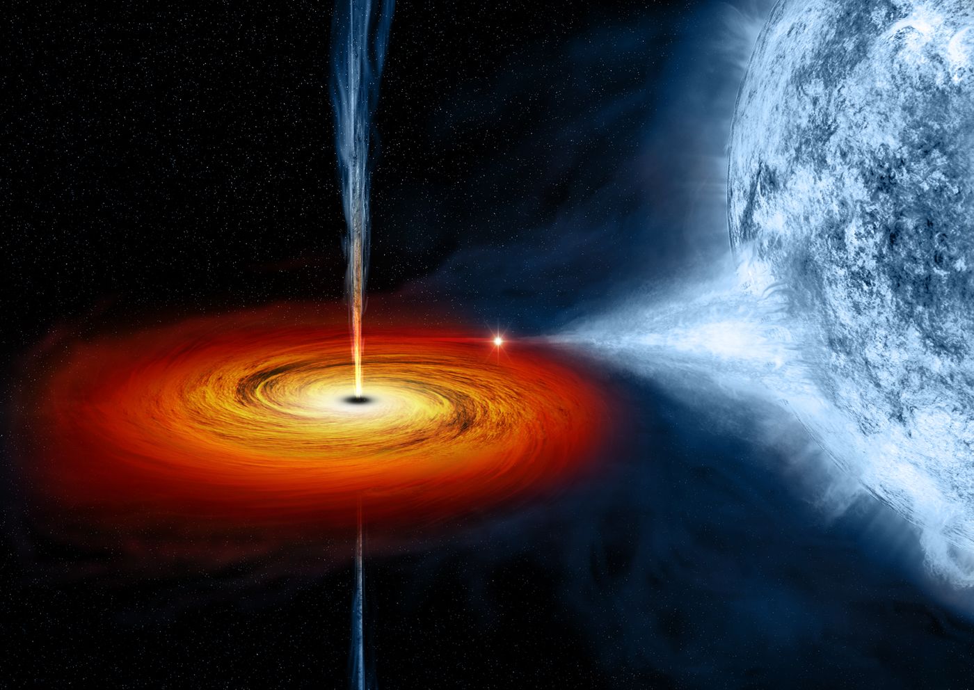 An artist's impression of a black hole eating its neighboring star in a binary system.