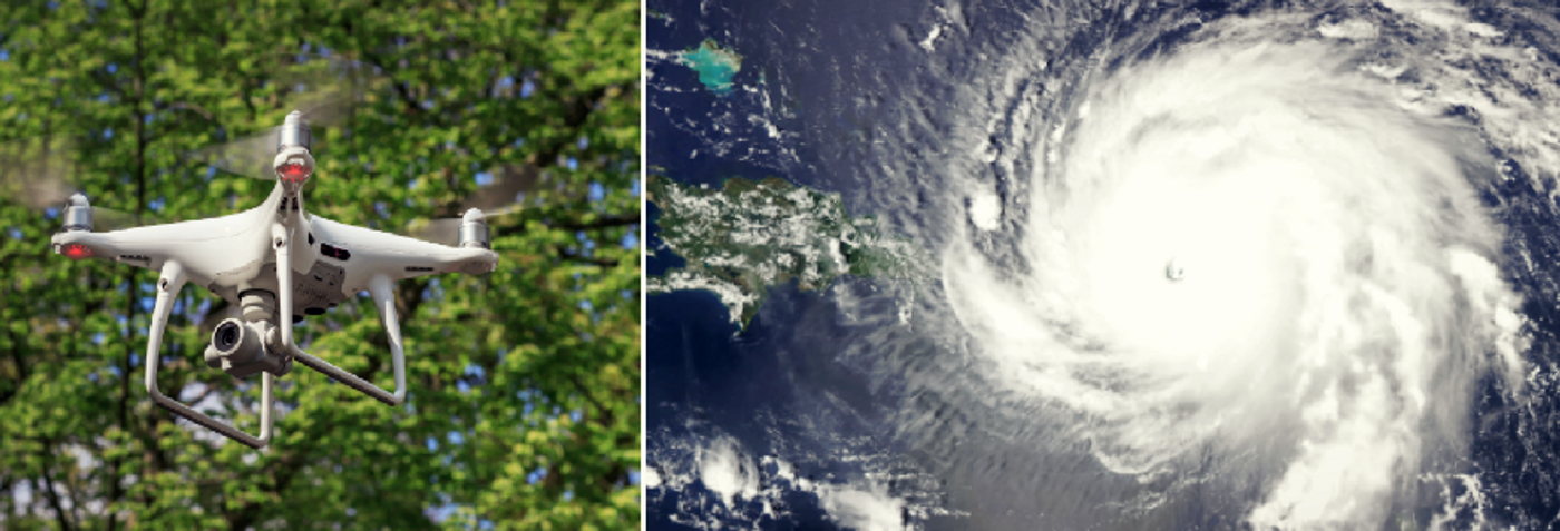 drone and Hurricane Irma, credit: public domain images (Wikimedia)