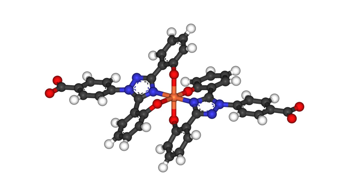 Two deferasirox molecules traping an iron atom (orange) in the center (Wikimedia Common)