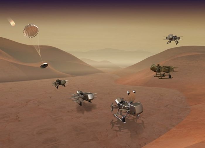 Dragonfly, with its eight rotors, will explore Saturn's moon Titan by flight, the first for an off-world mission. Image Credit: Johns Hopkins/APL