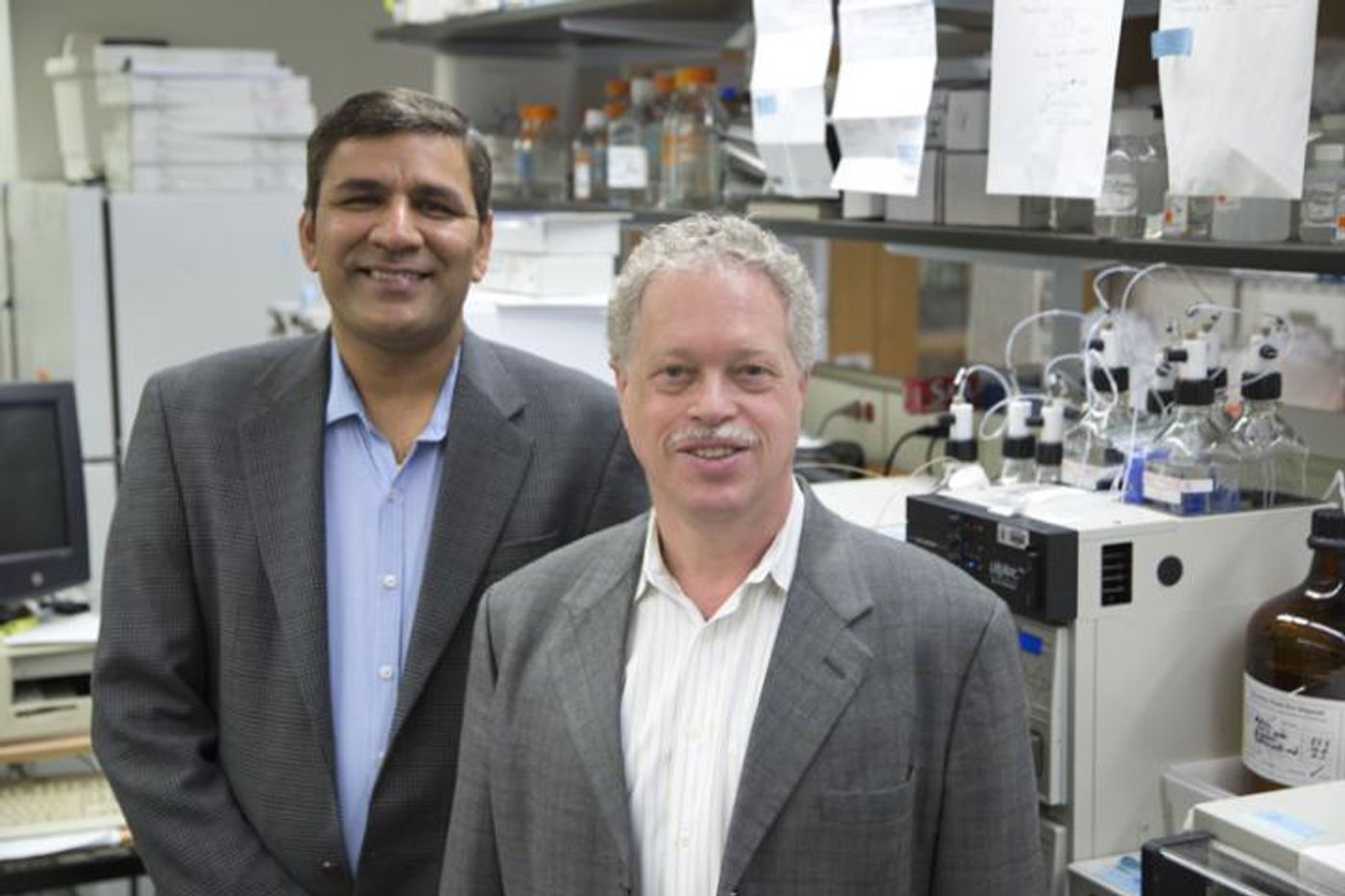 This is Towia Libermann, Ph.D., Director of the Genomics, Proteomics, Bioinformatics, and Systems Biology Center at BIDMC pictured with Manoj Bhasin, Ph.D., Co-Director of the Genomics, Proteomics, Bioinformatics, and Systems Biology Center at BIDMC. / Credit: Beth Israel Deaconess Medical Center