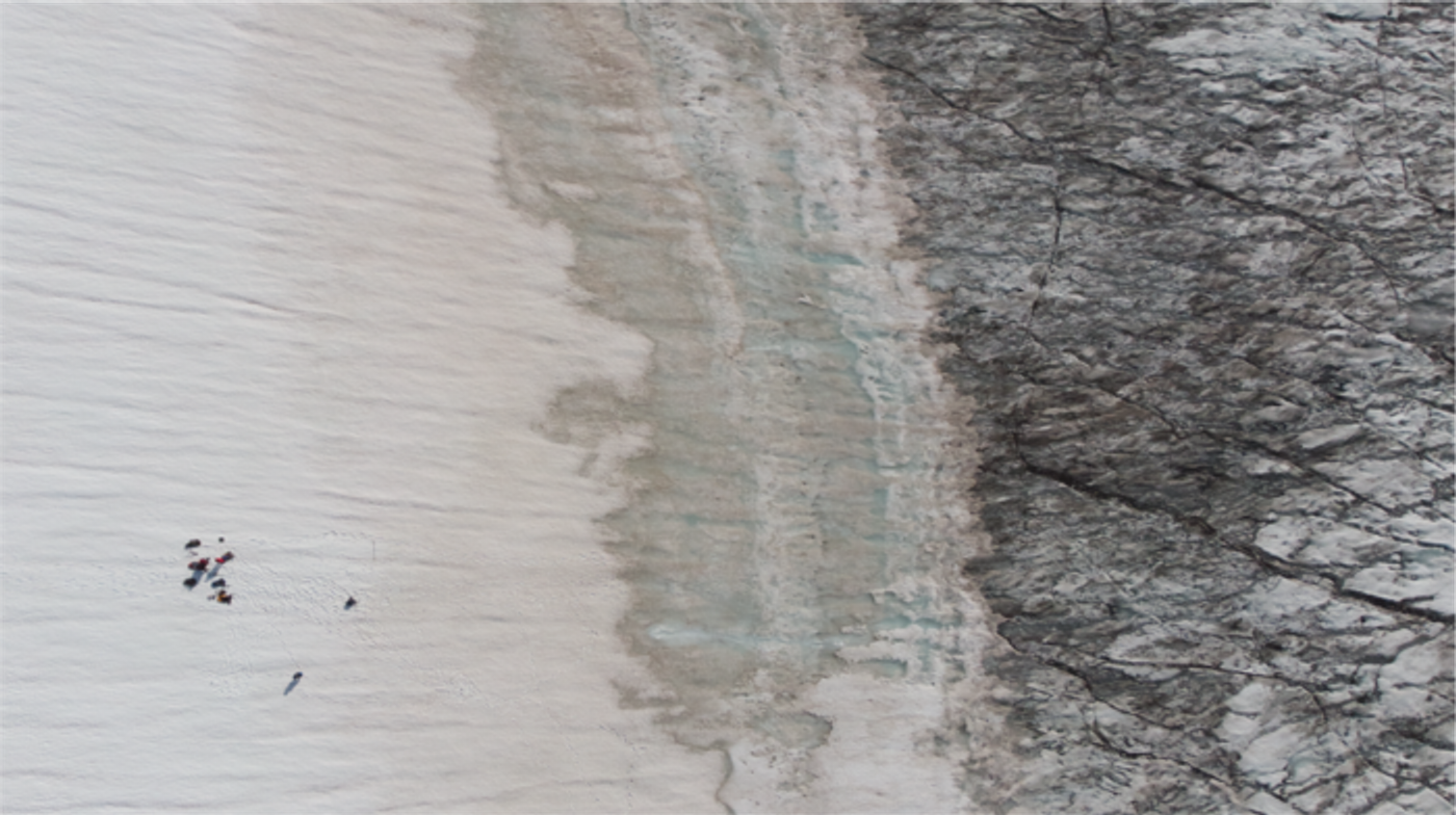 An aerial picture taken with a drone shows the researchers standing on the left on white ice, while black ice on the right is overgrown with algae. Credit: Laura Halbach