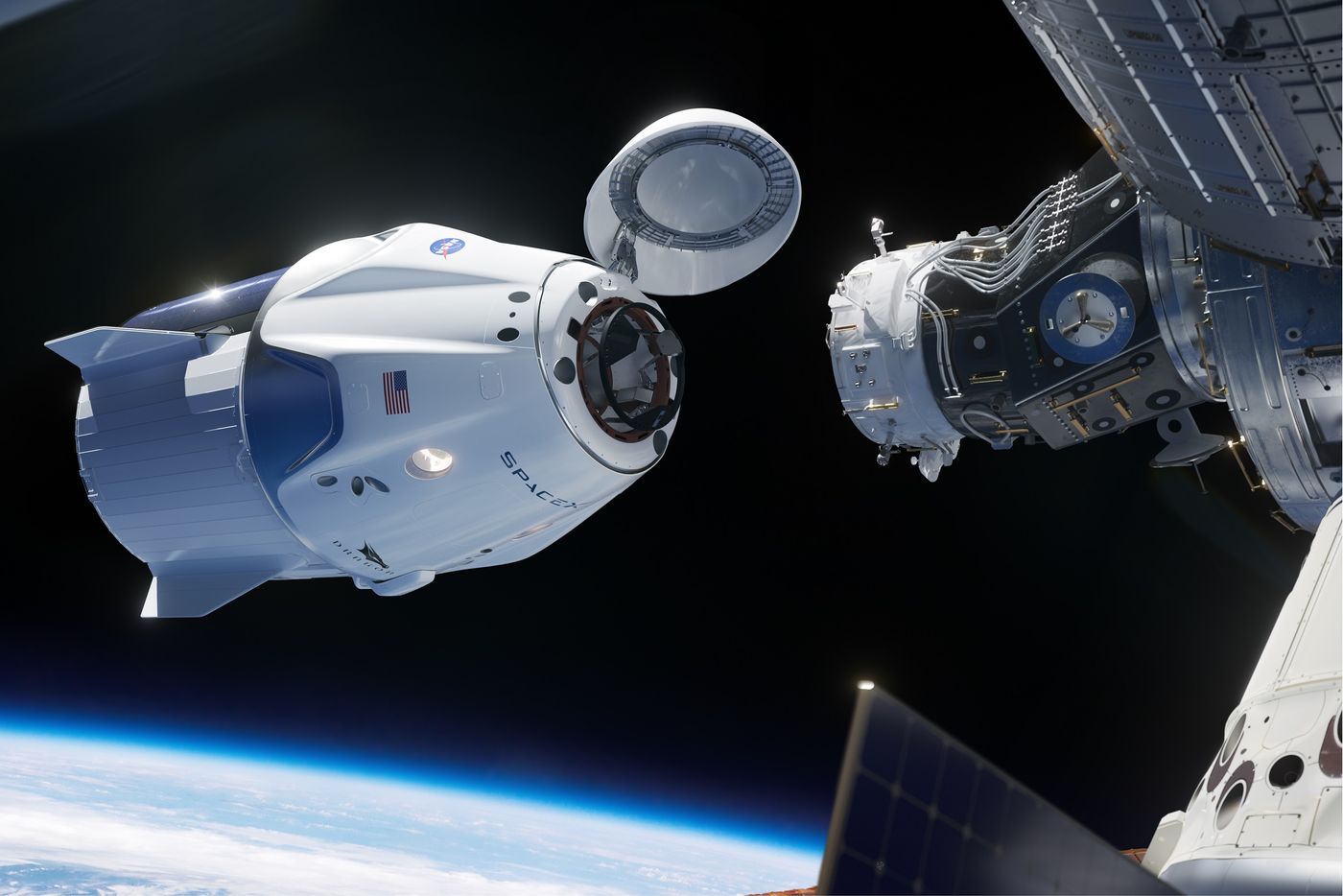 An artist's impression of the SpaceX Crew Dragon capsule approaching the International Space Station's docking region.