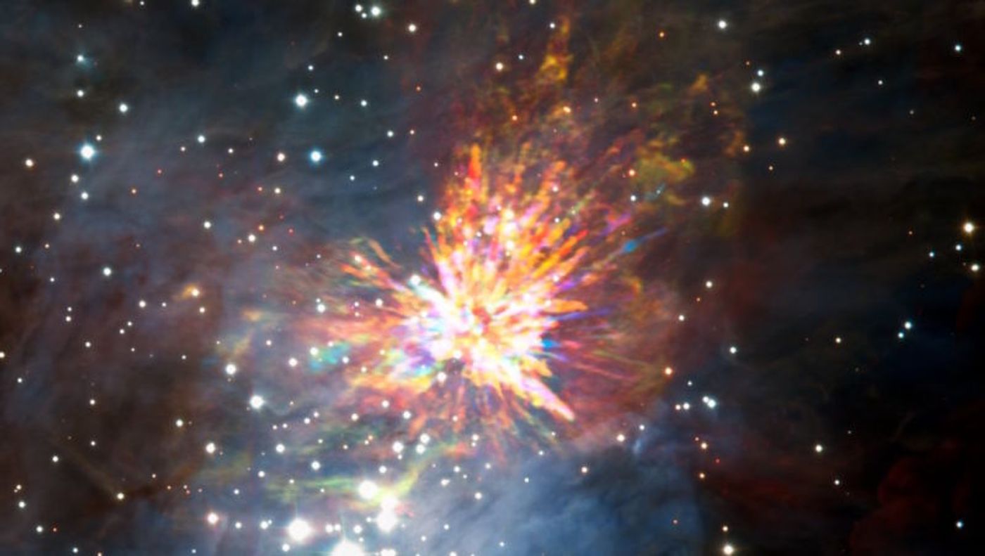 An explosion in the Orion Constellation that was caused by the collision of two protostars.