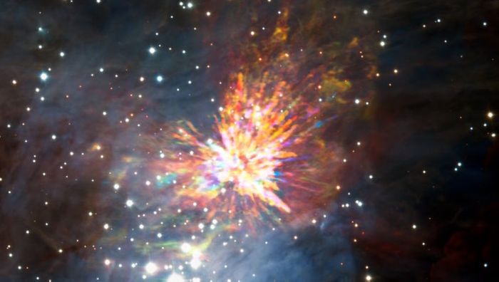 An explosion in the Orion Constellation that was caused by the collision of two protostars.