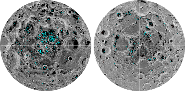 These diagrams show where water ice exists on the lunar surface.