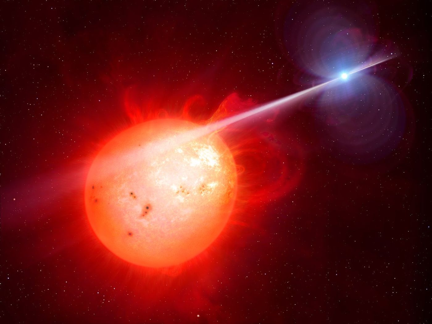 An artist's rendition of the white dwarf lashing out at its companion red dwarf.
