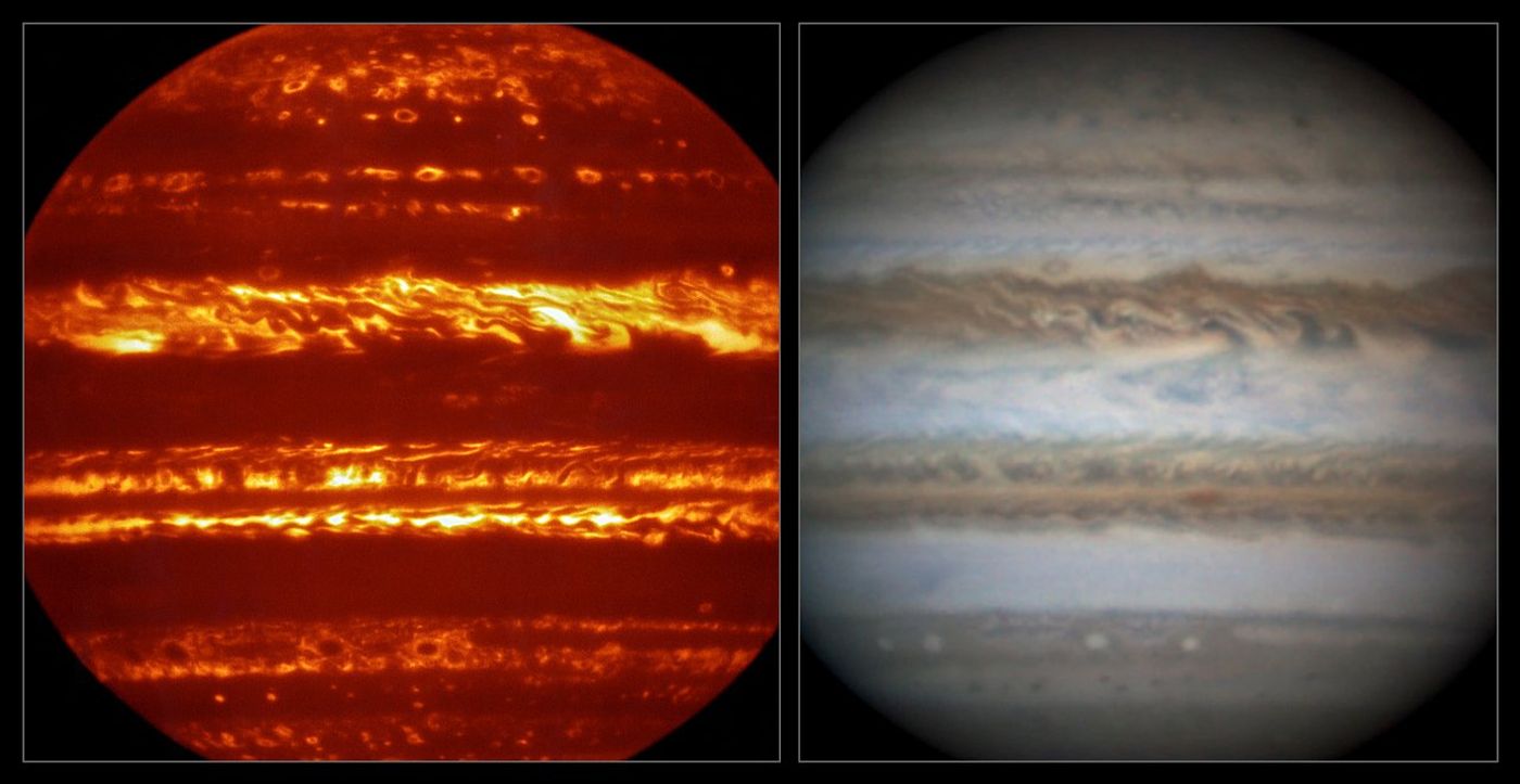 Infrared on the left, and normal on the right. You can see Jupiter's violent clouds as they swirl around the planet.