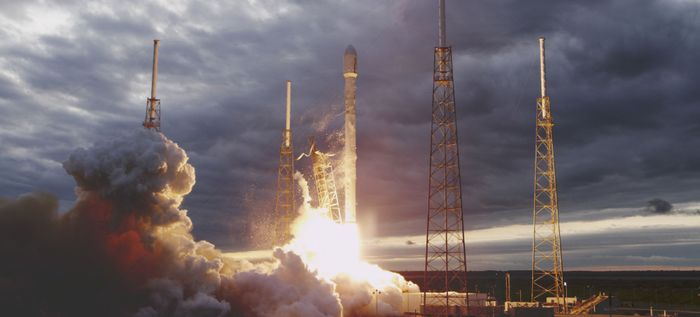 A SpaceX Falcon 9 rocket launching for space.