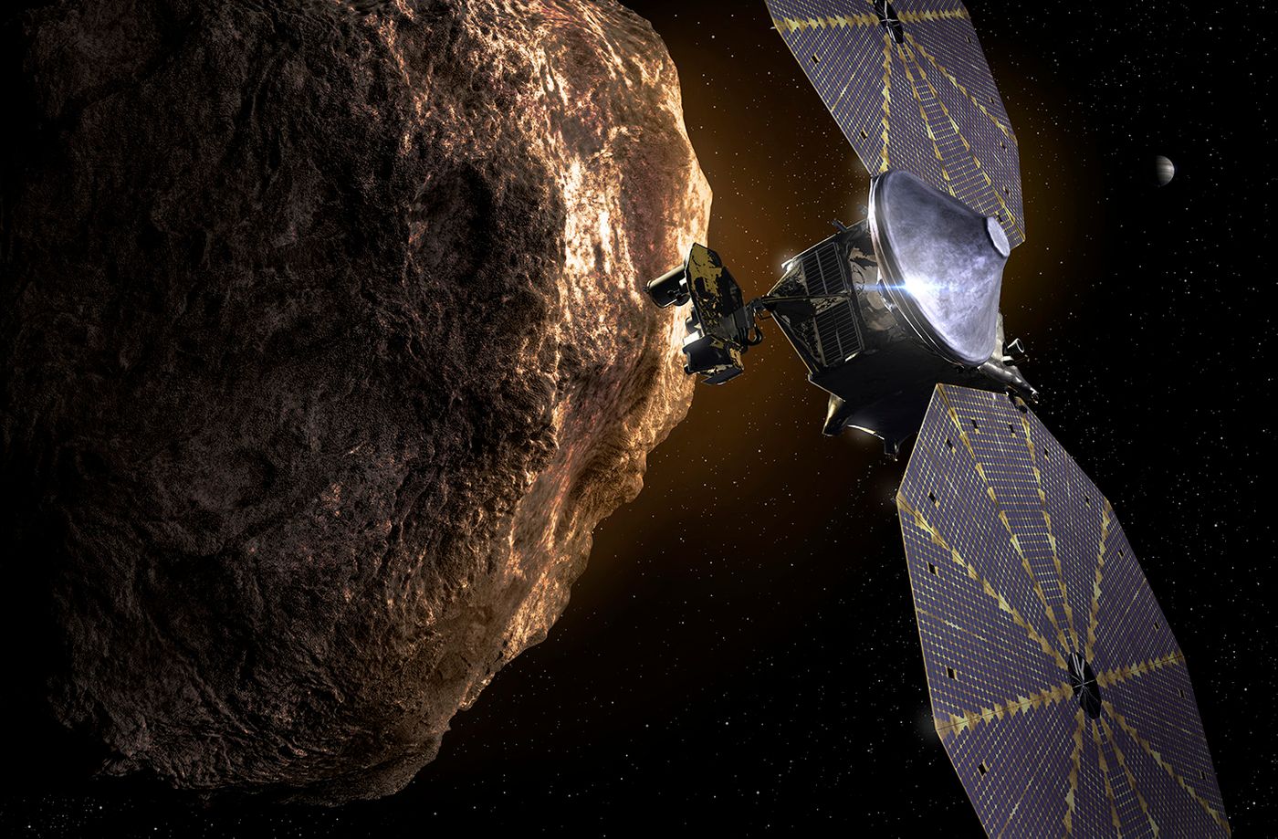 An artist's rendition of the Lucy spacecraft visiting a distant asteroid.