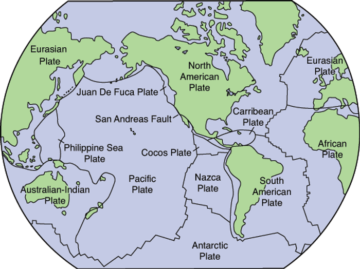 Simplified map of the Earth's crustal plates. (Credit: U.S. Geological Survey, 1990, Professional Paper 1515)
