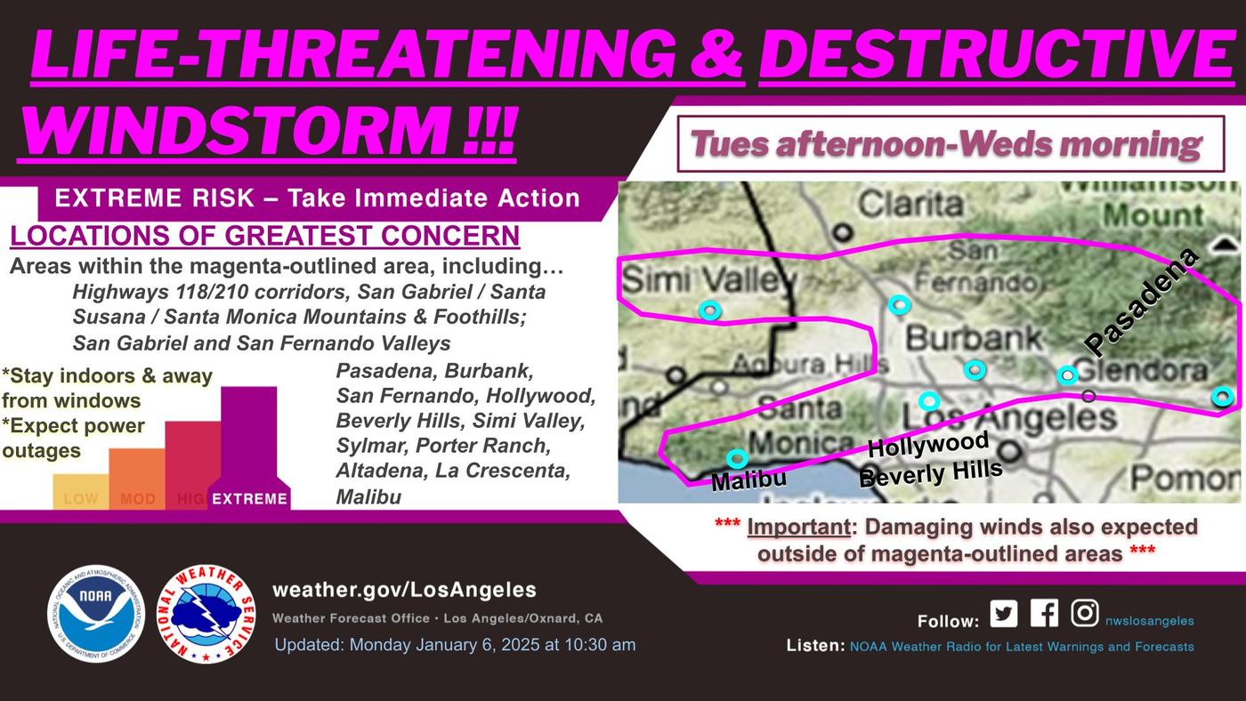 The National Weather Service's warning for the LA area on Tuesday and Wednesday, January 7 and 8, 2025.